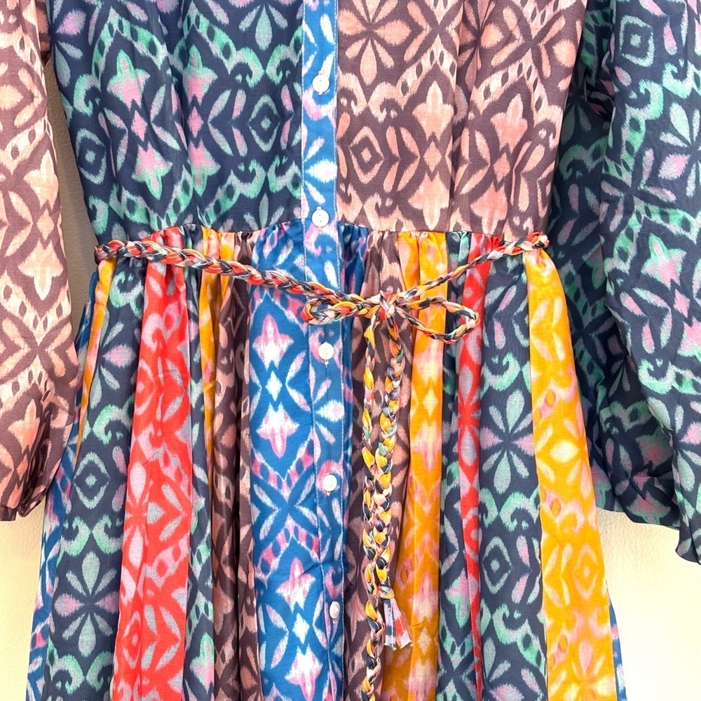 Yakira Bella Sari Patchwork Button Front Midi Dress Modest Colorful Boho S NEW - Picture 5 of 15